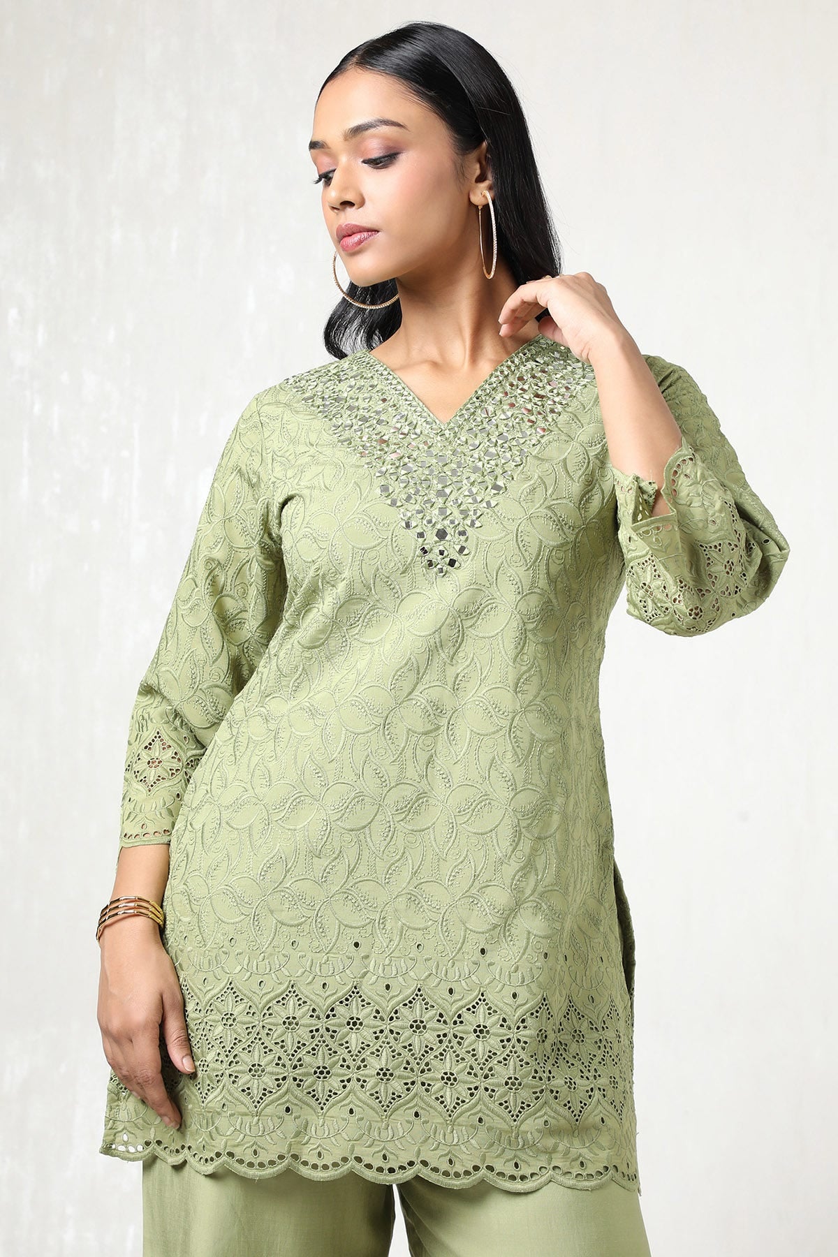 Sap Green Viscose Blend Embroidered Co-Ord Set with Mirror Work