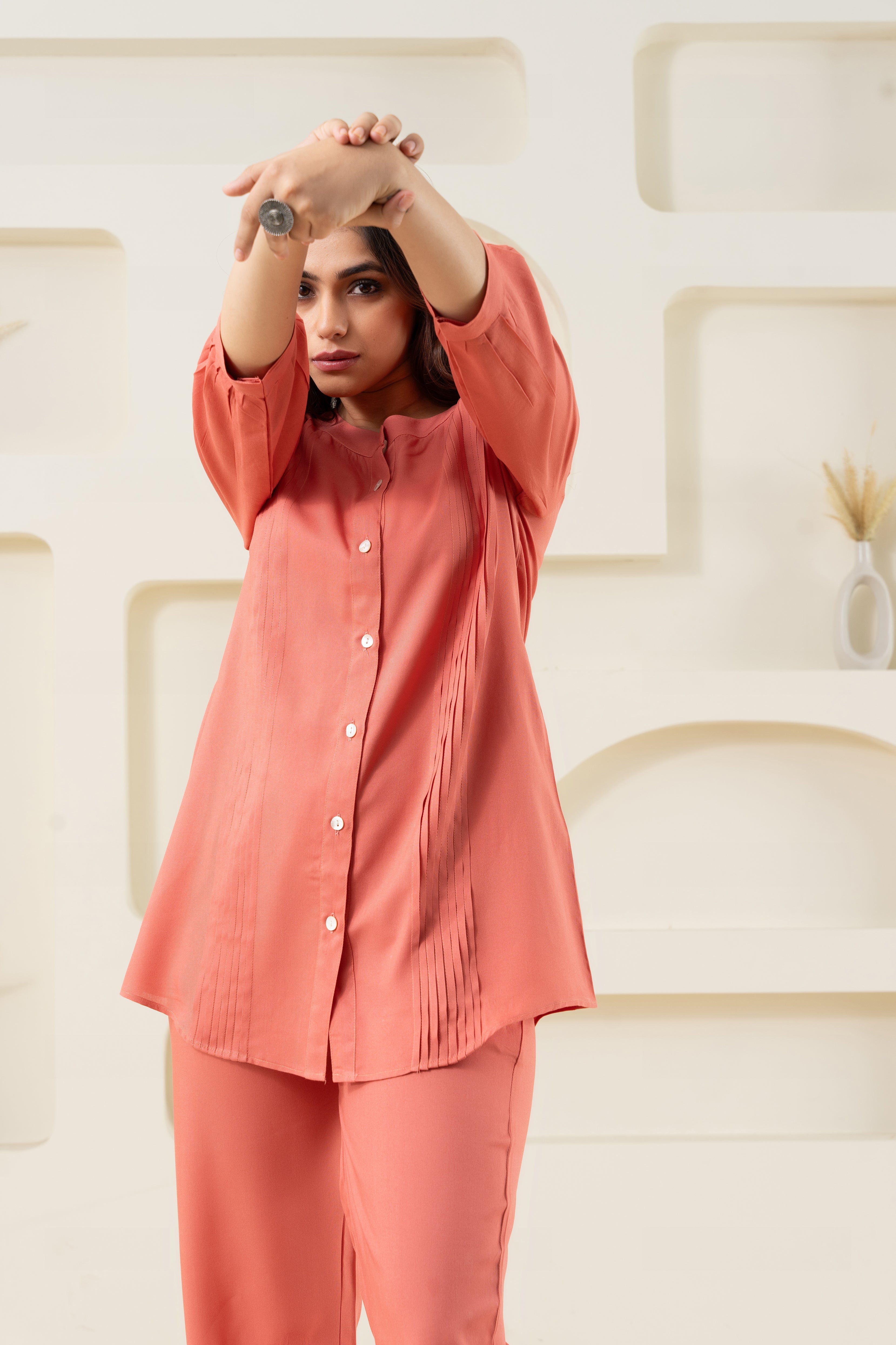 Peach Pleated Solid Co-Ord Set