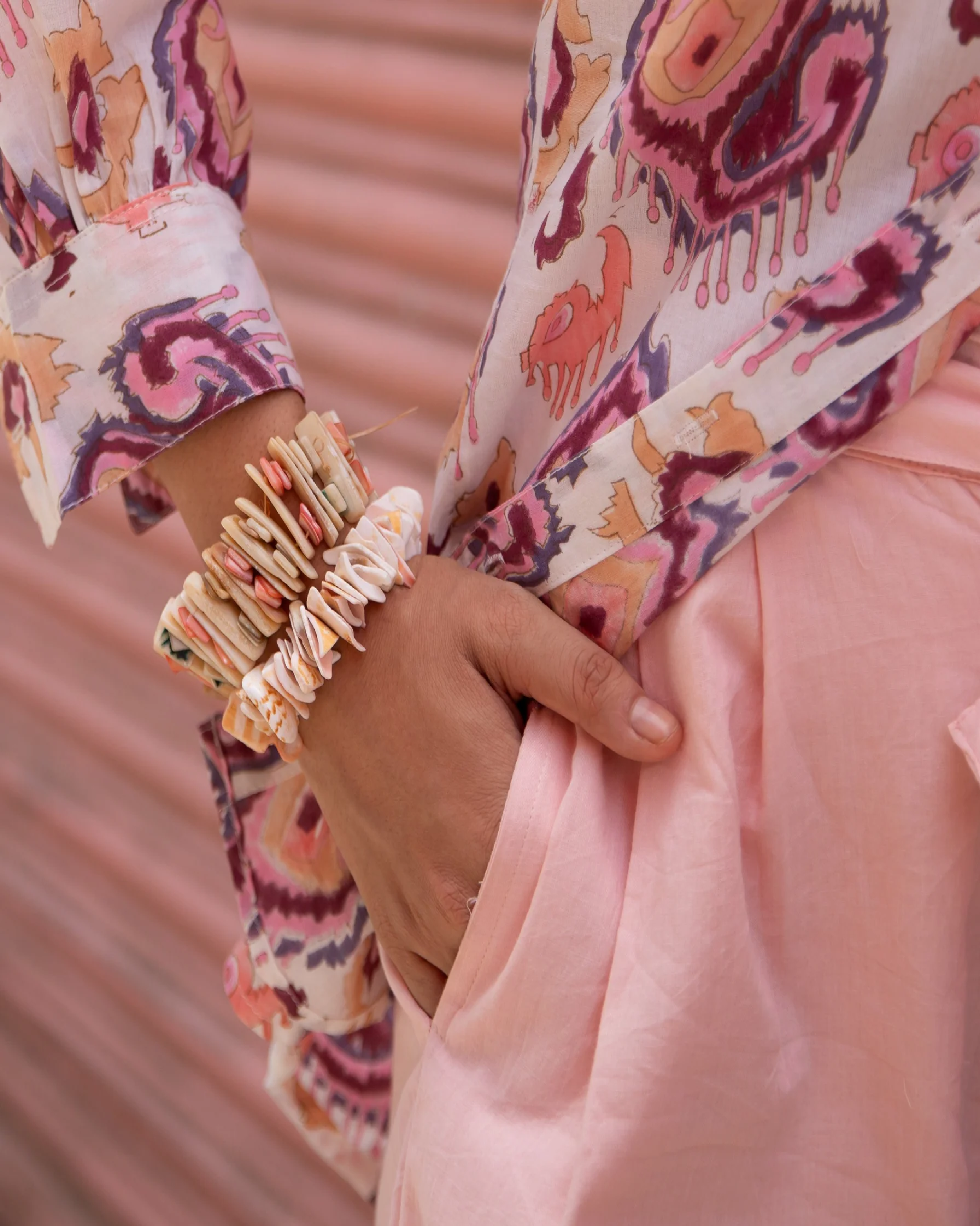 White and Pink Ikat Blockprinted Co-ord set with Pink Shorts