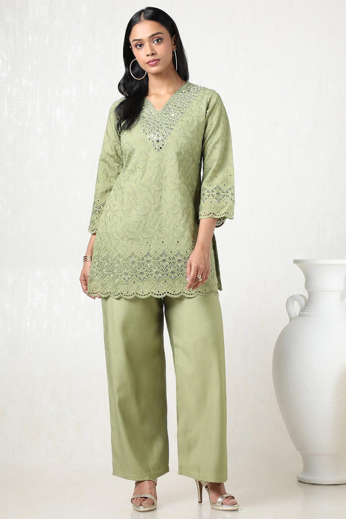 Sap Green Viscose Blend Embroidered Co-Ord Set with Mirror Work