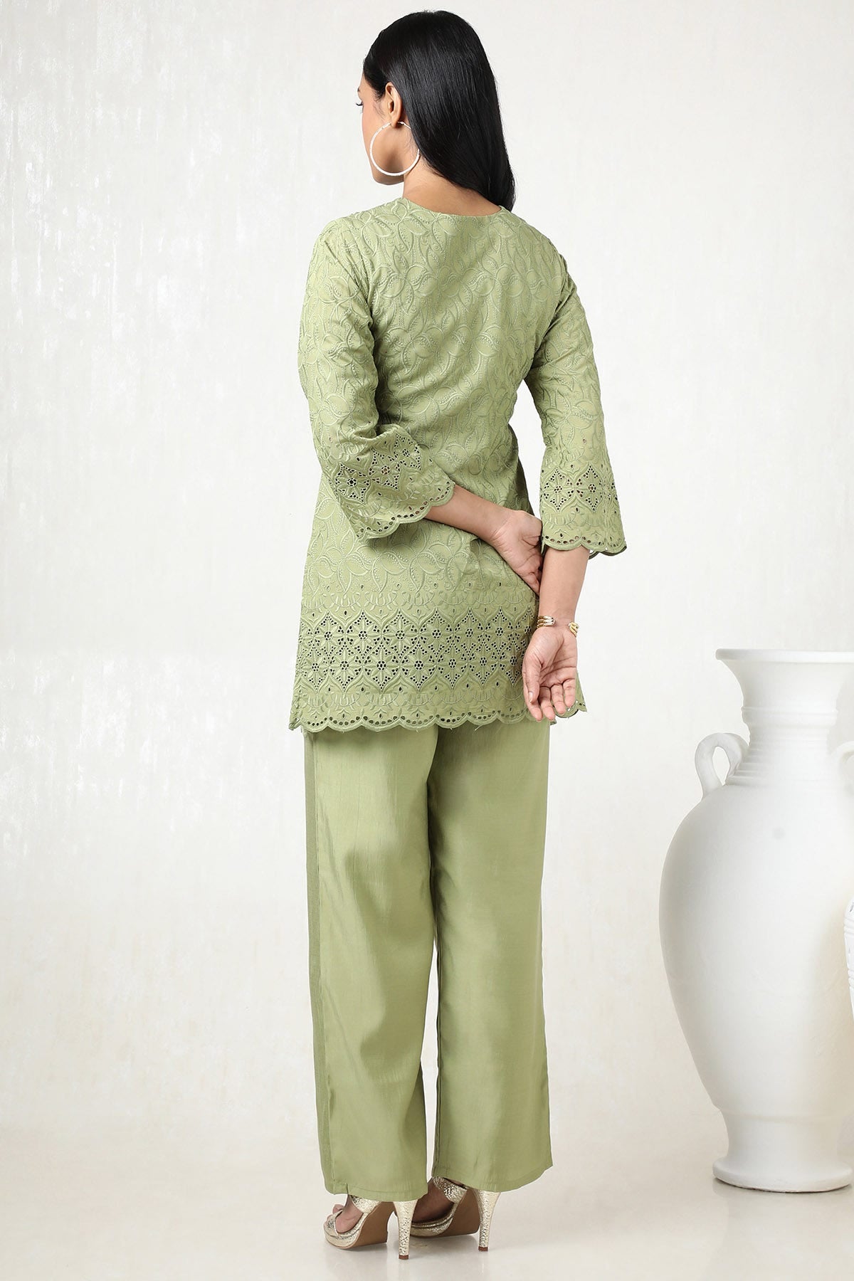 Sap Green Viscose Blend Embroidered Co-Ord Set with Mirror Work