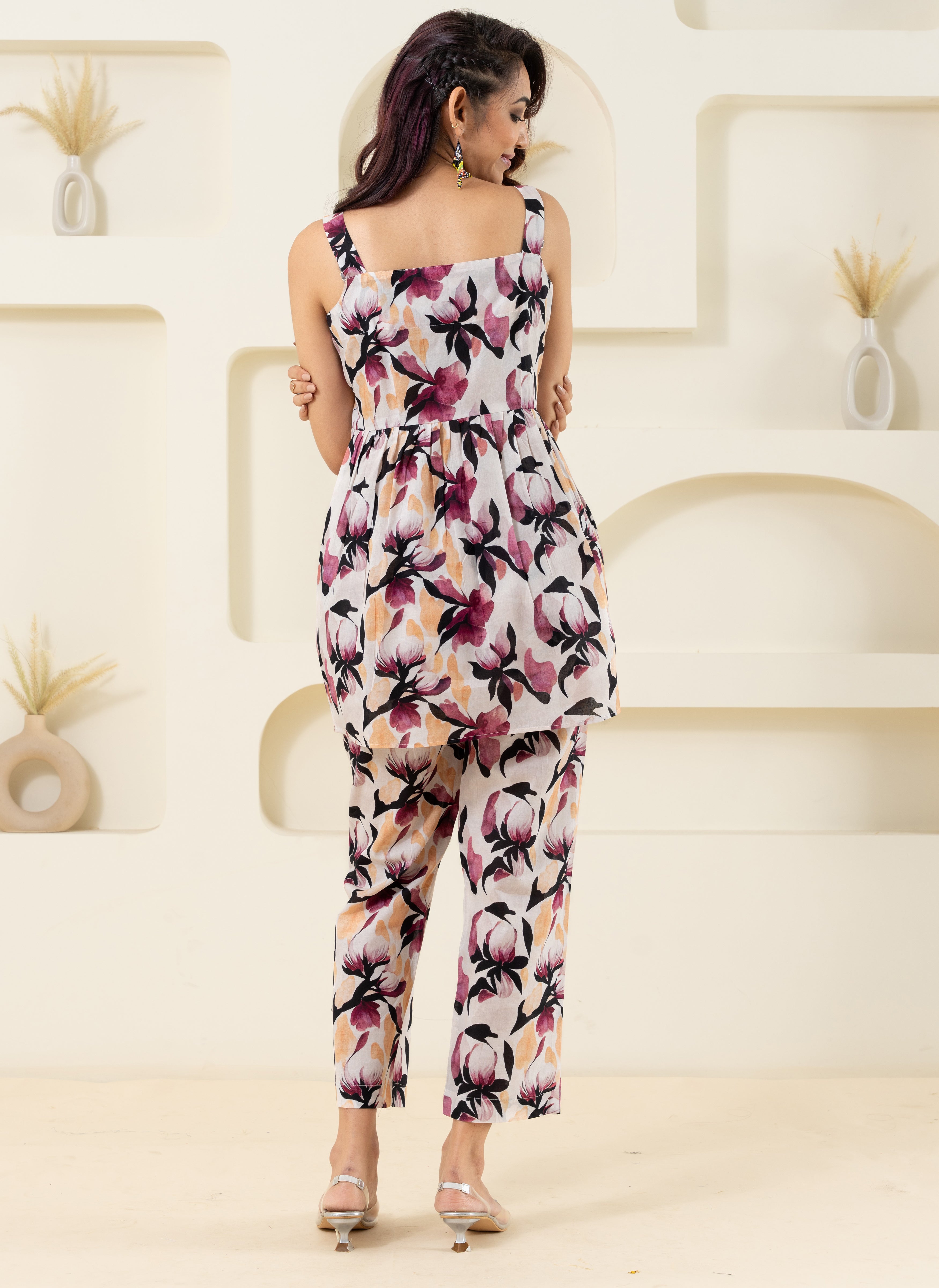 Off White Floral Printed Pure Cotton Sleeveless Co-Ord Set