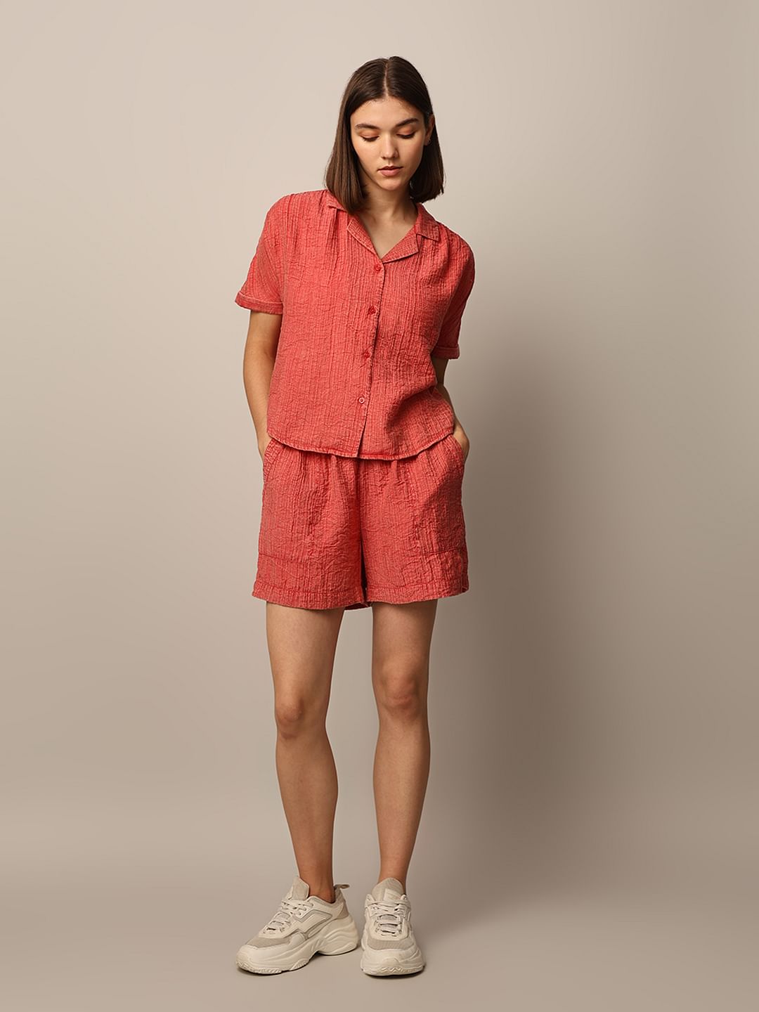 RED WASHED CO-ORD SET SHIRT