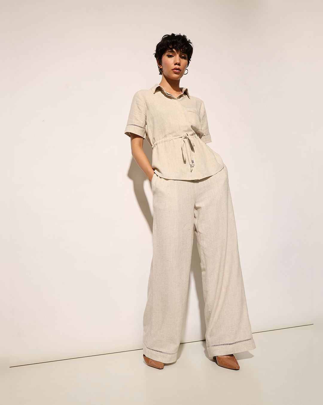 BEIGE CO-ORD SET LINEN BLEND PANTS