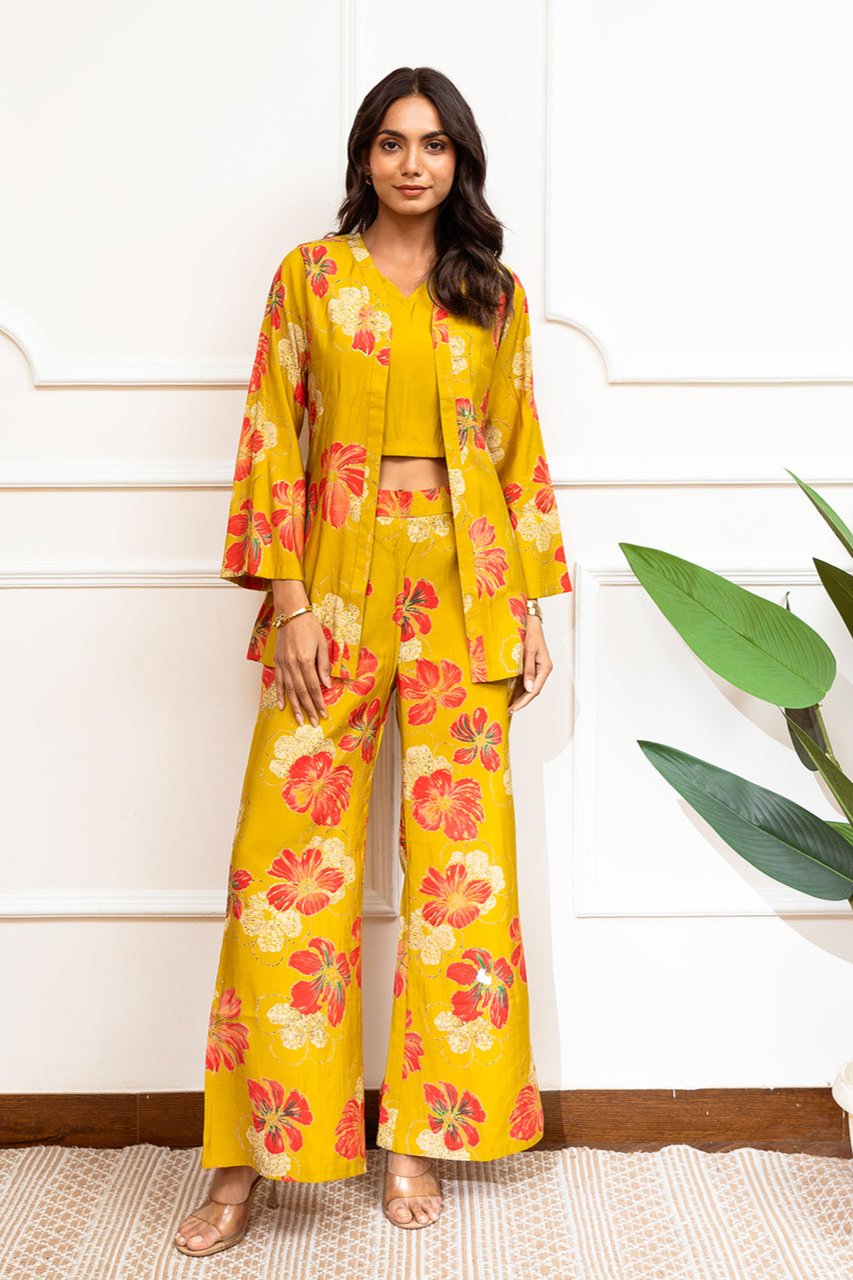 Mustard Floral Printed Premium Chanderi Co-Ord Set for Women