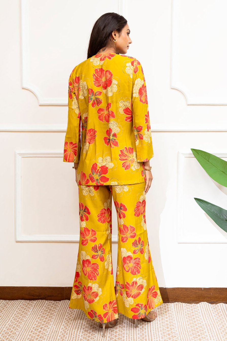 Mustard Floral Printed Premium Chanderi Co-Ord Set for Women