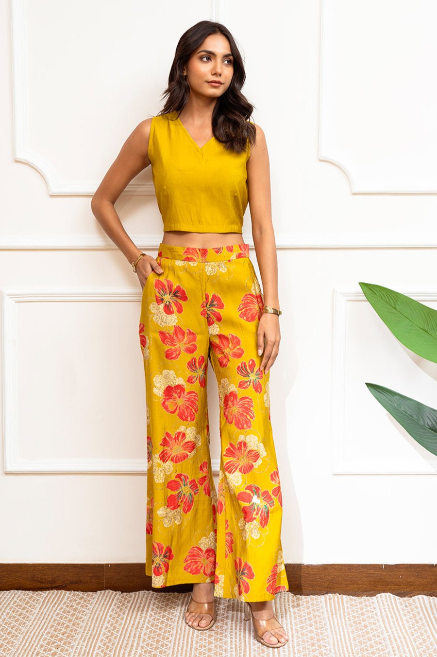 Mustard Floral Printed Premium Chanderi Co-Ord Set for Women