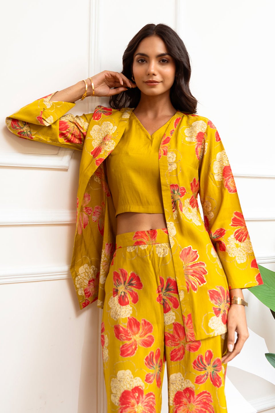 Mustard Floral Printed Premium Chanderi Co-Ord Set for Women