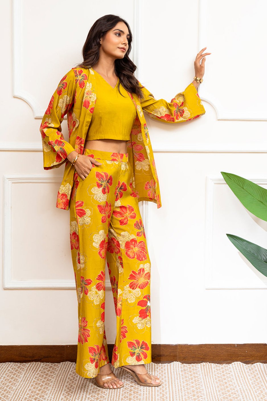 Mustard Floral Printed Premium Chanderi Co-Ord Set for Women