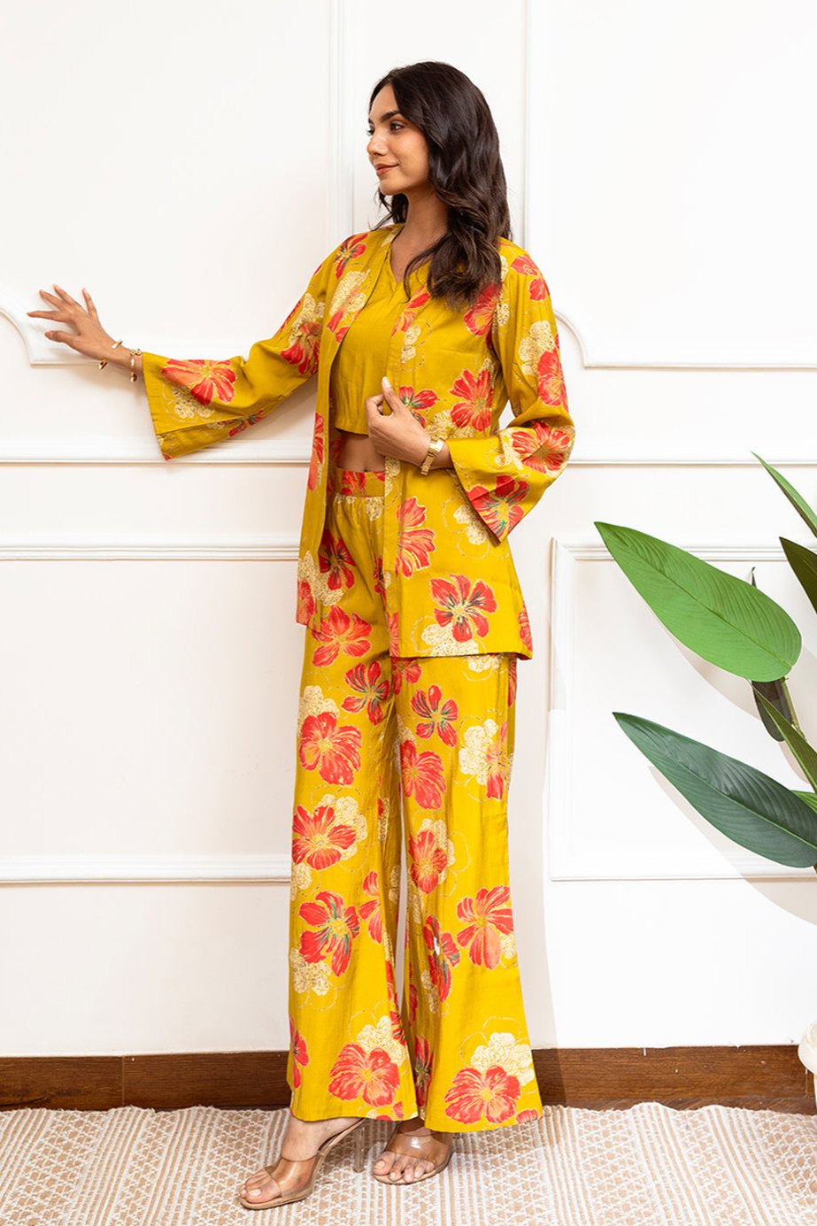 Mustard Floral Printed Premium Chanderi Co-Ord Set for Women