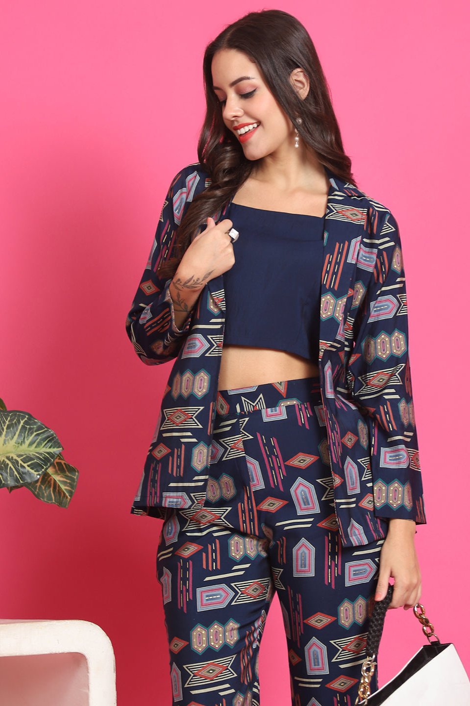 Navy Blue Abstract Printed Premium Chanderi Co-Ord Set for Women