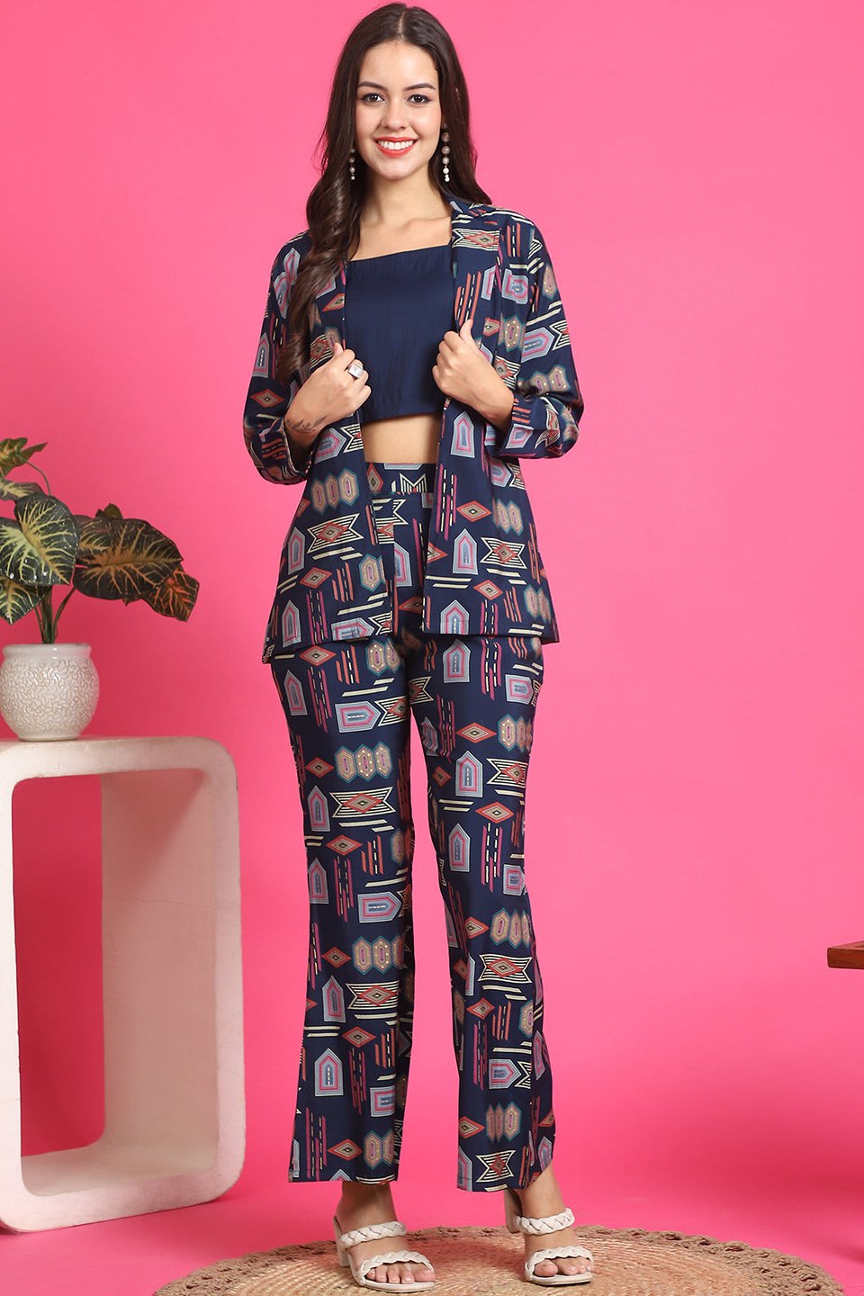 Navy Blue Abstract Printed Premium Chanderi Co-Ord Set for Women