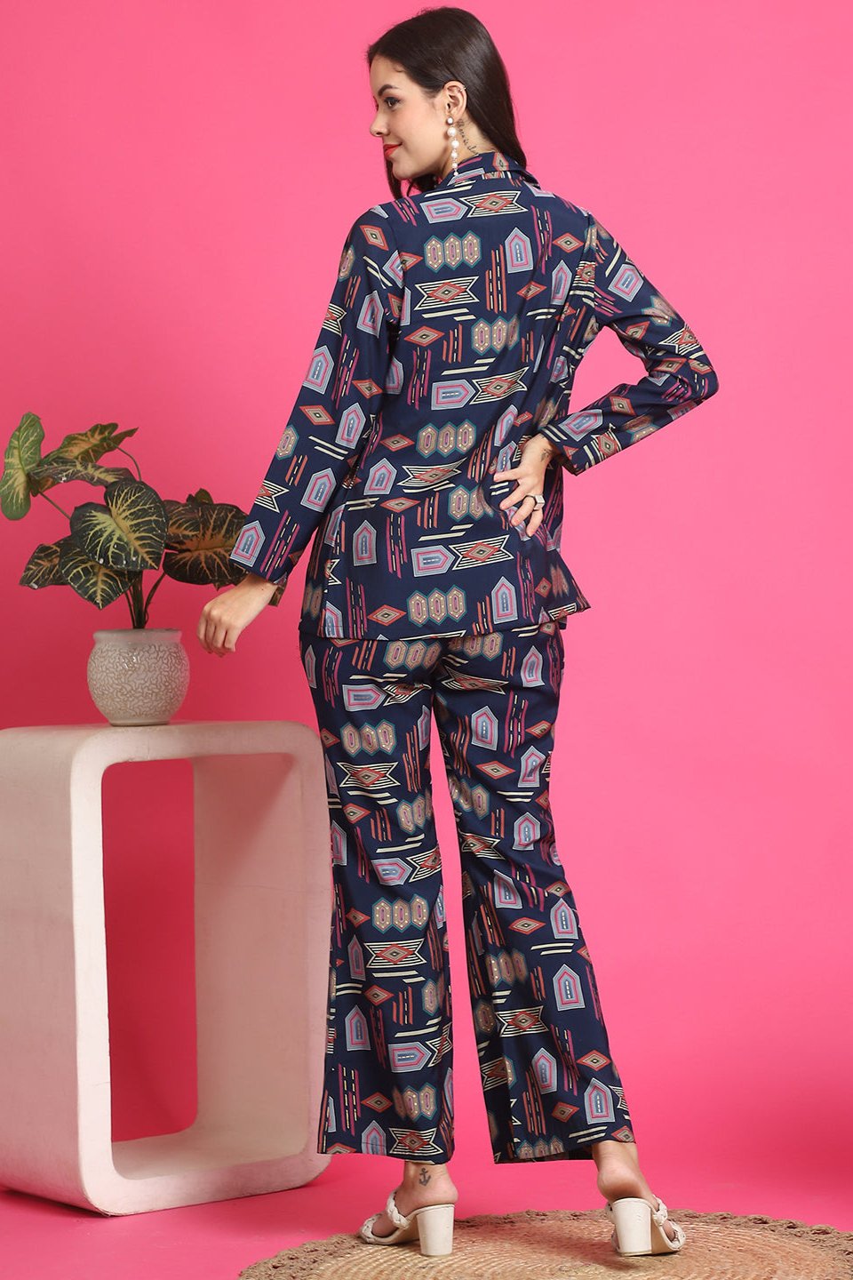 Navy Blue Abstract Printed Premium Chanderi Co-Ord Set for Women