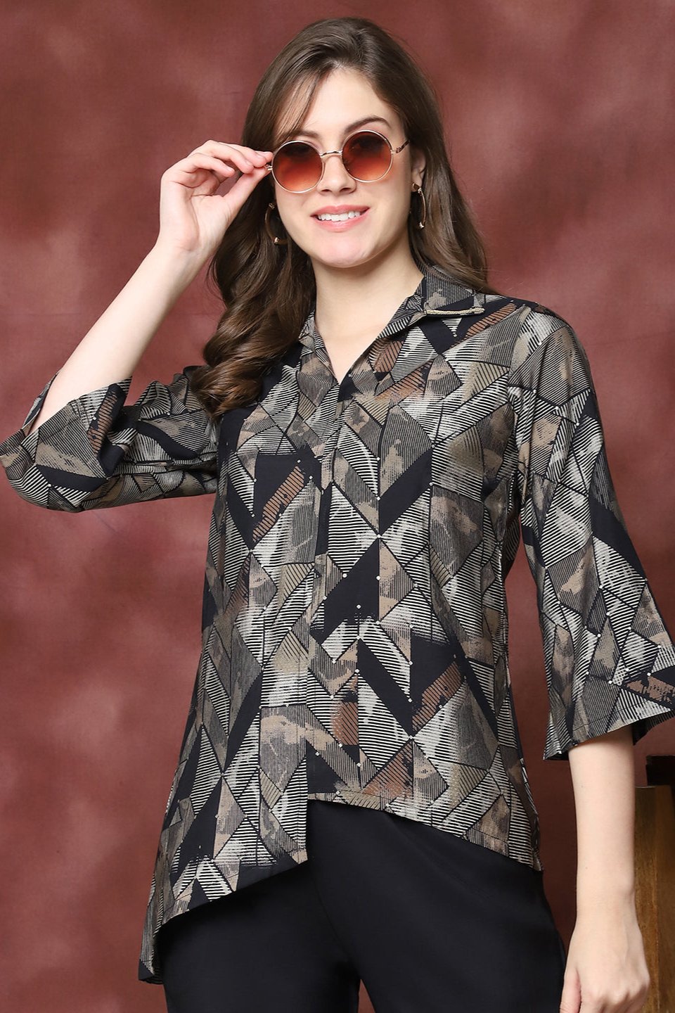 Black Printed Shirt Collar Ethnic Co-Ord Set for Women