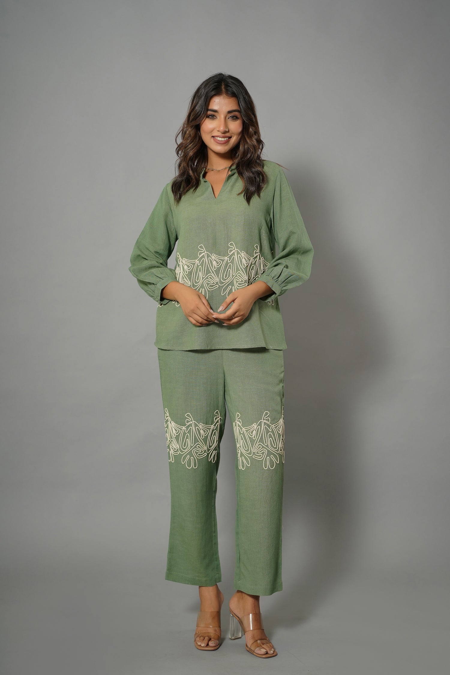 Green Embroidery Work Co-Ord Set