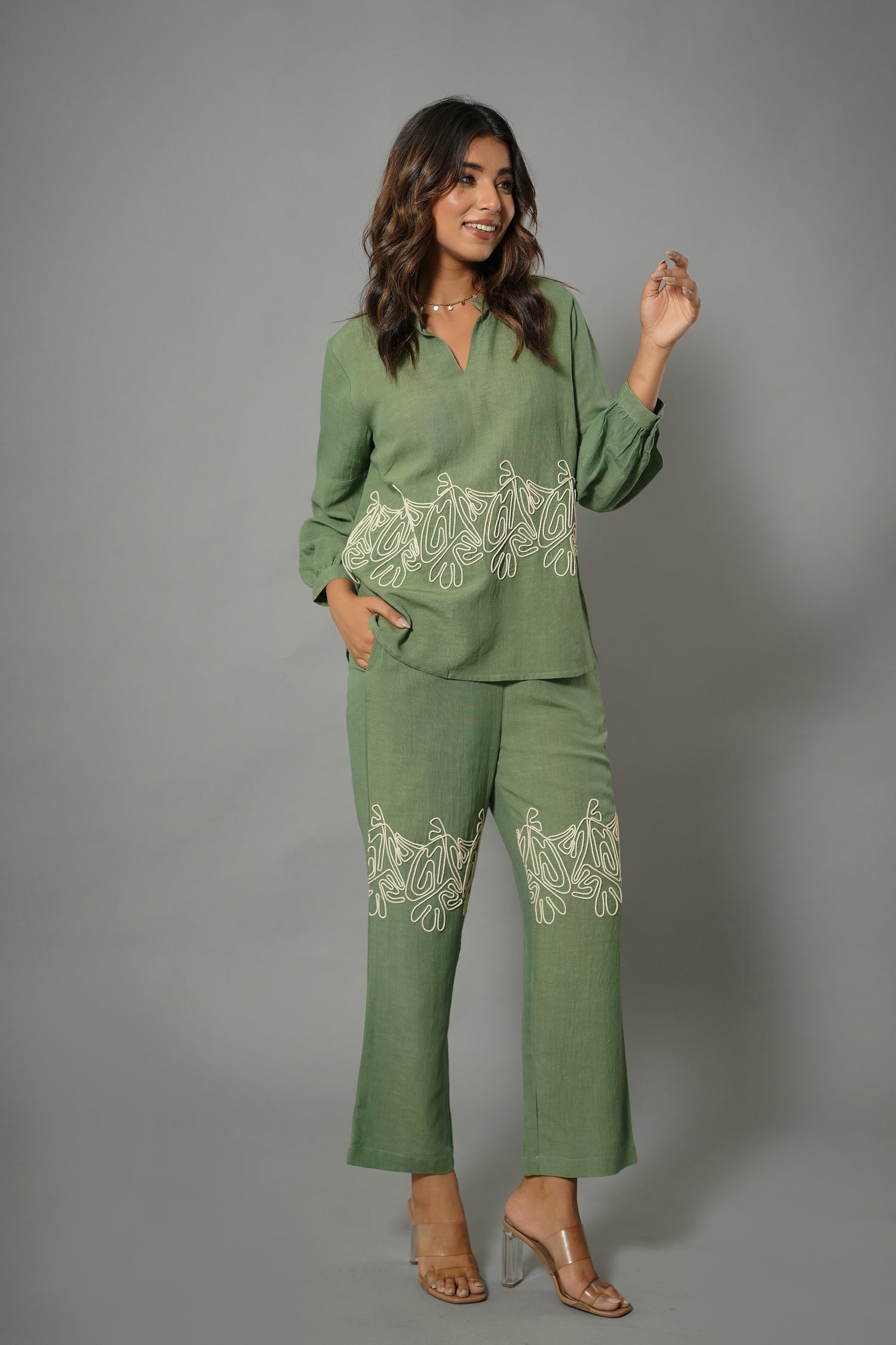 Green Embroidery Work Co-Ord Set