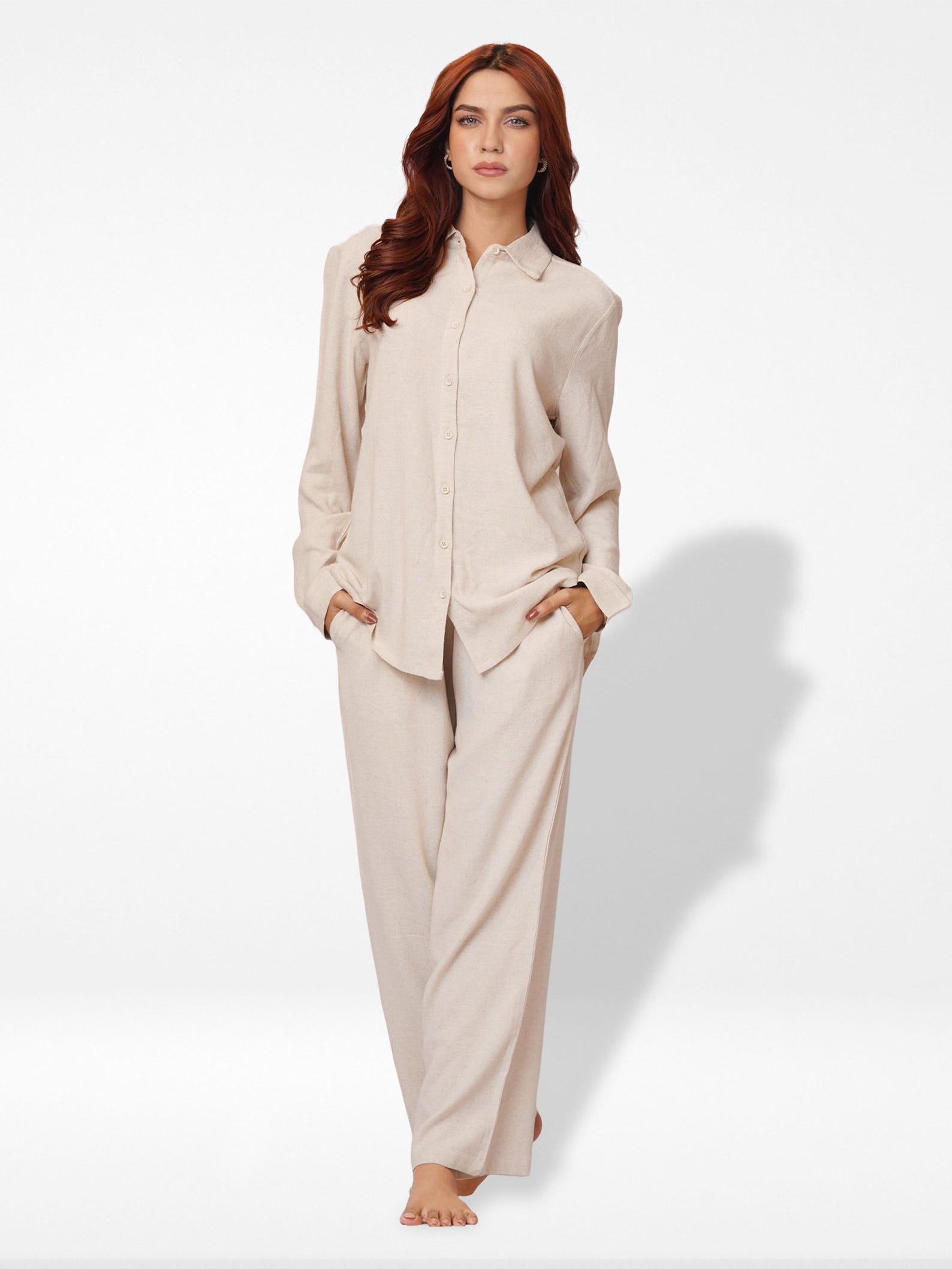 Women Long Sleeve Button Down Shirt High Waist Wide Leg Long Pants Co-ord Set