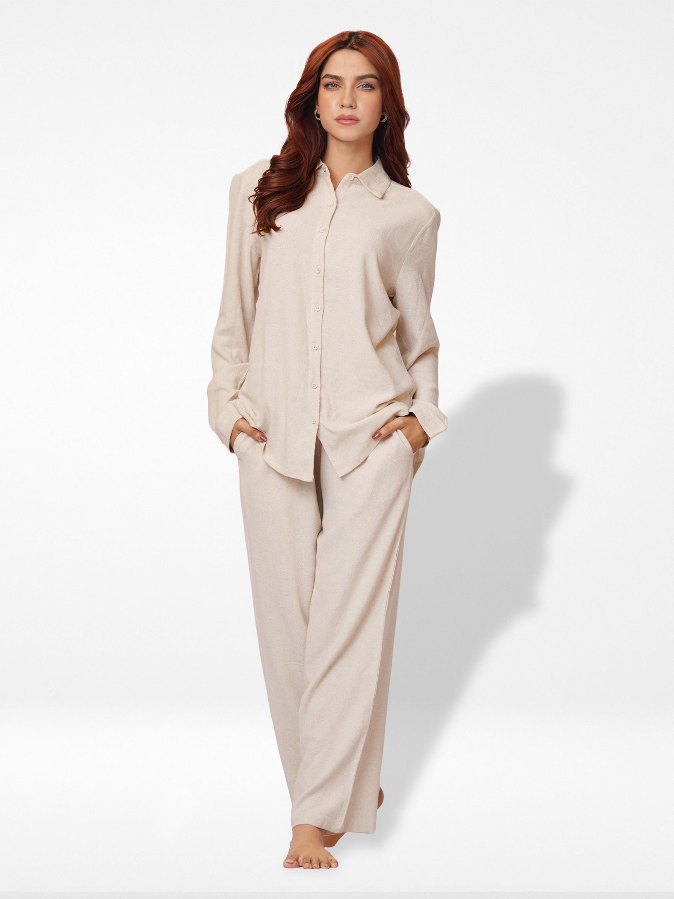 Women Long Sleeve Button Down Shirt High Waist Wide Leg Long Pants Co-ord Set