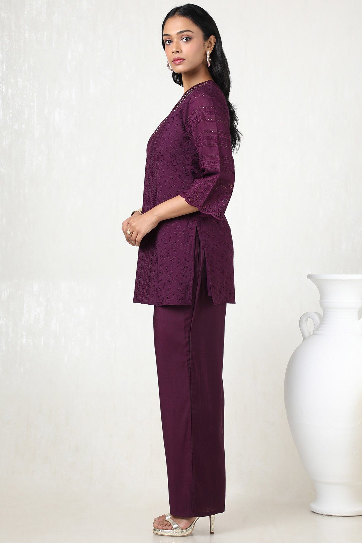 Wine Viscose Blend Embroidered Co-Ord Set with Mirror Work